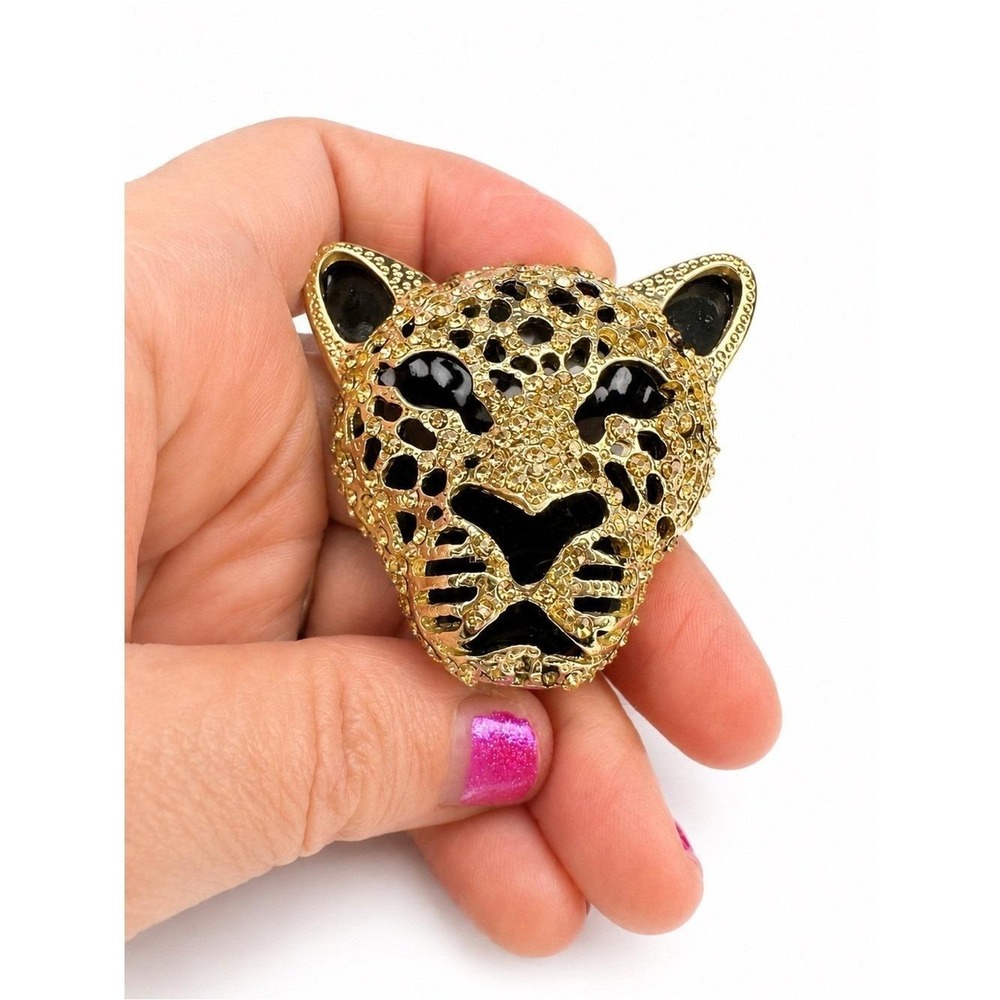 Vintage Rhinestone Leopard Head Brooch Black Glass Gold Tone Statement Pin